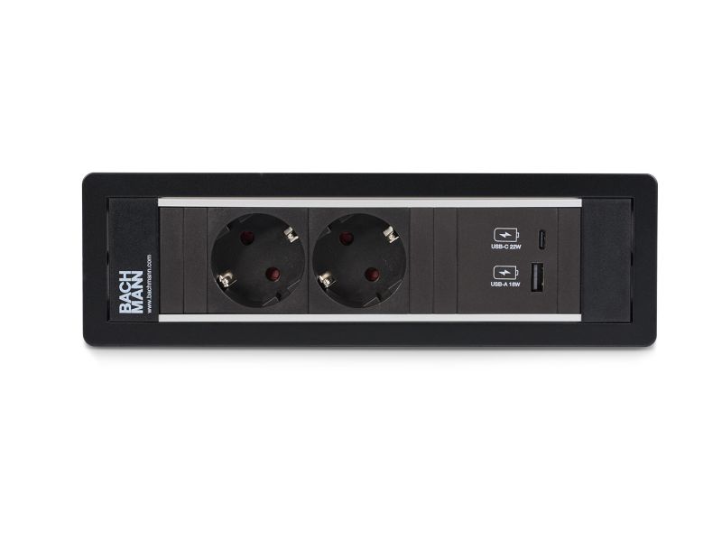 Power Frame - 2x 230V RA + 1x USB A/C chrgr - 0,2m GST o.g. - zwart
