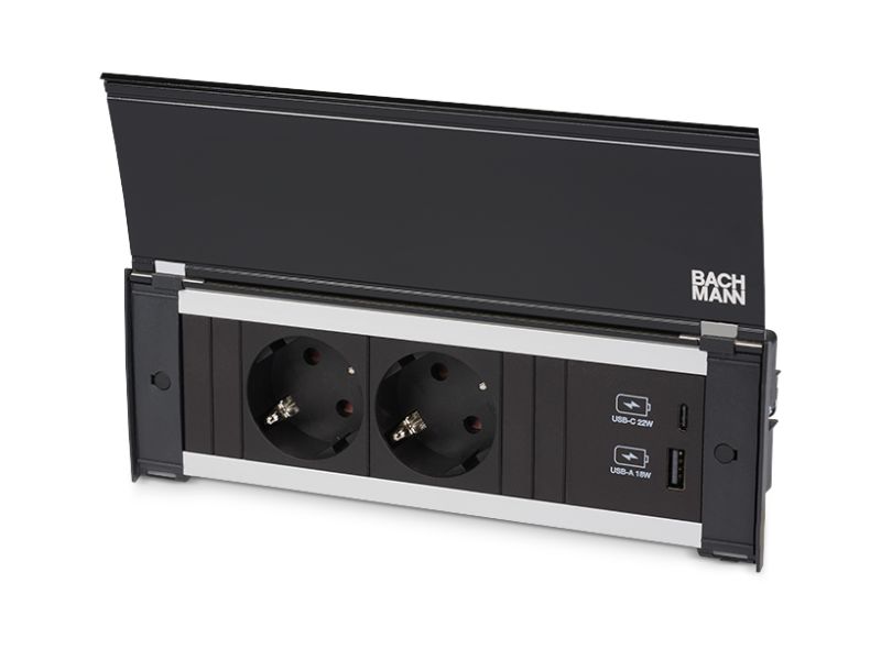Kapsa - 2x 230V RA + 1x USB A/C chrgr - 2m RA stekker - zwart