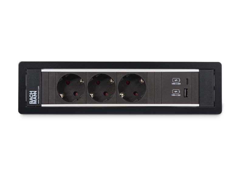Power Frame - 3x 230V RA + 1x USB A/C chrgr - 0,2m GST - zwart