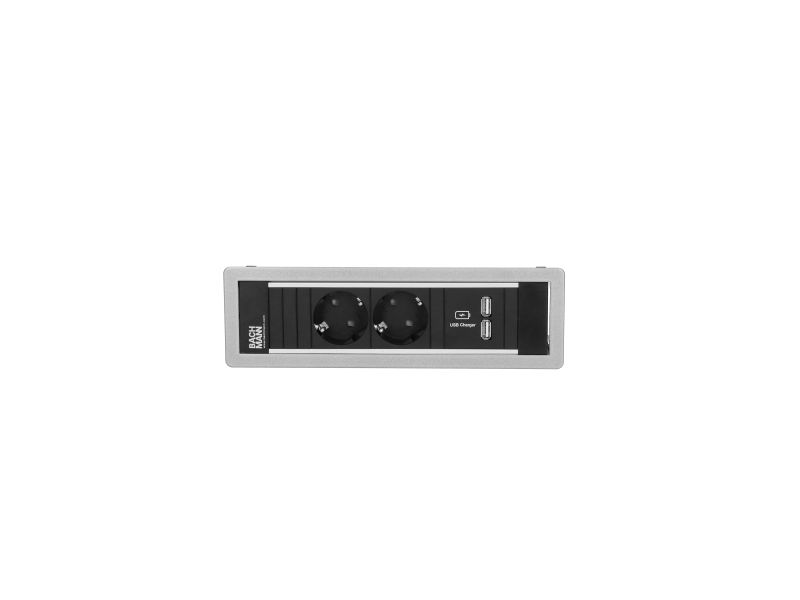 Power Frame - 2x 230V RA + 2x USB chrgr - 2m RA stekker - zilvergrijs