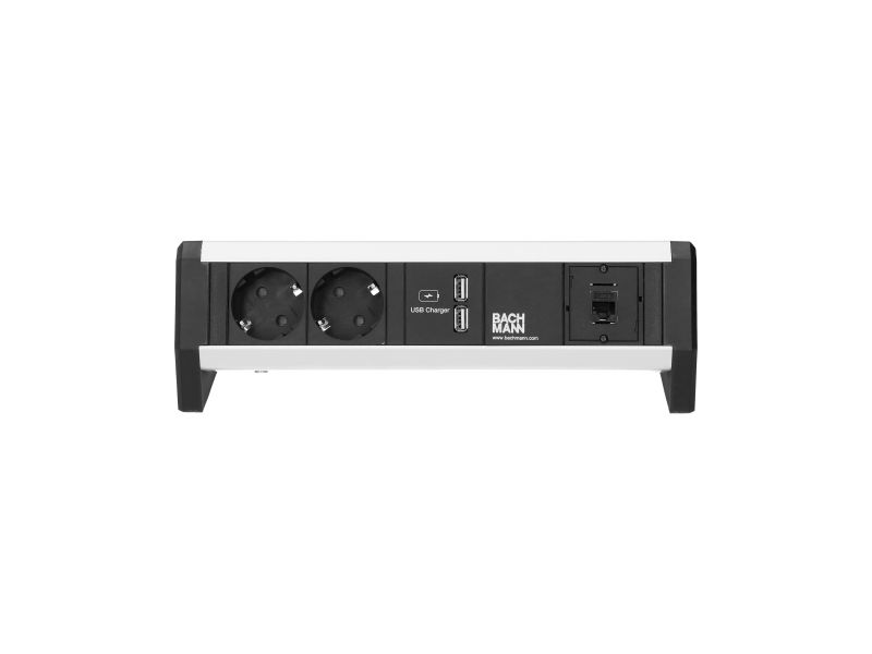 Desk 1 - 2x 230V RA + 2x USB chrgr + 1x Cat6U - GST in/uit - incl. klem - zwart/alu