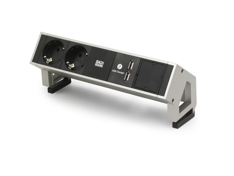 Desk 2 - 2x 230V RA + 2x USB chrgr + 1x blind - 0,2m GST o.g. - incl. klem - inox/zwart