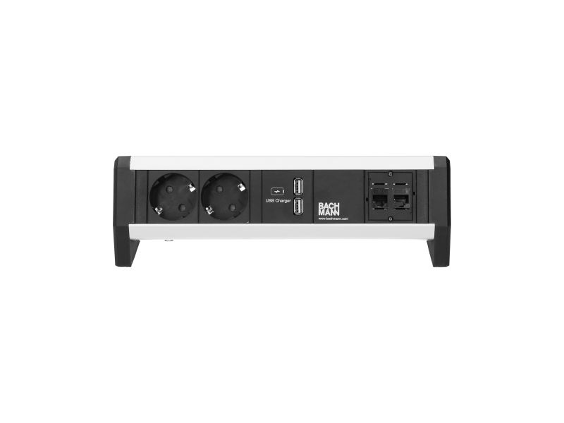 Desk 1 - 2x 230V RA + 2x USB chrgr + 2x Cat6U - GST in/uit - incl. klem - zwart/alu