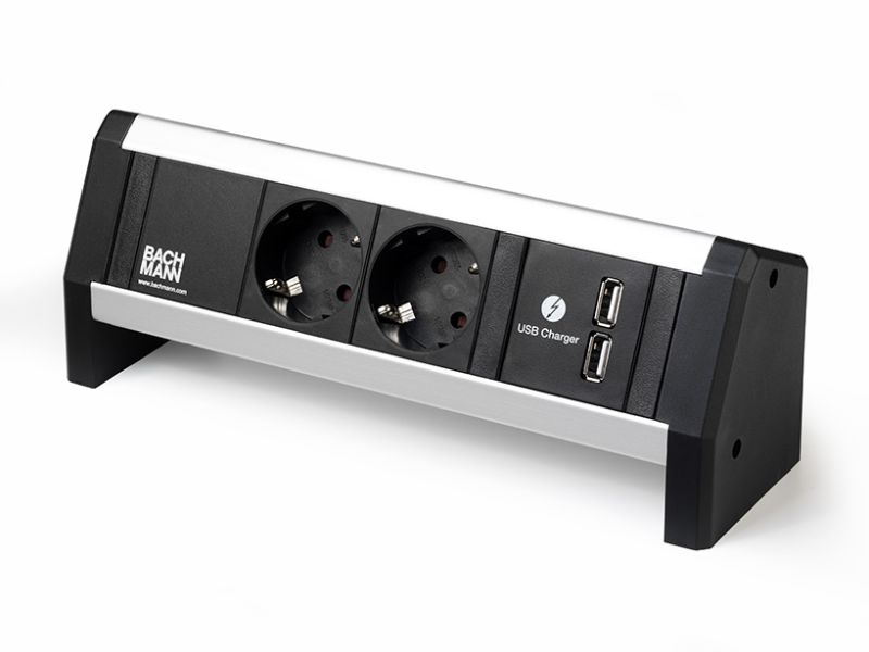 Desk 1 - 1x 230V RA + 2x USB chrgr - 1m GST - incl. klem - zwart/alu