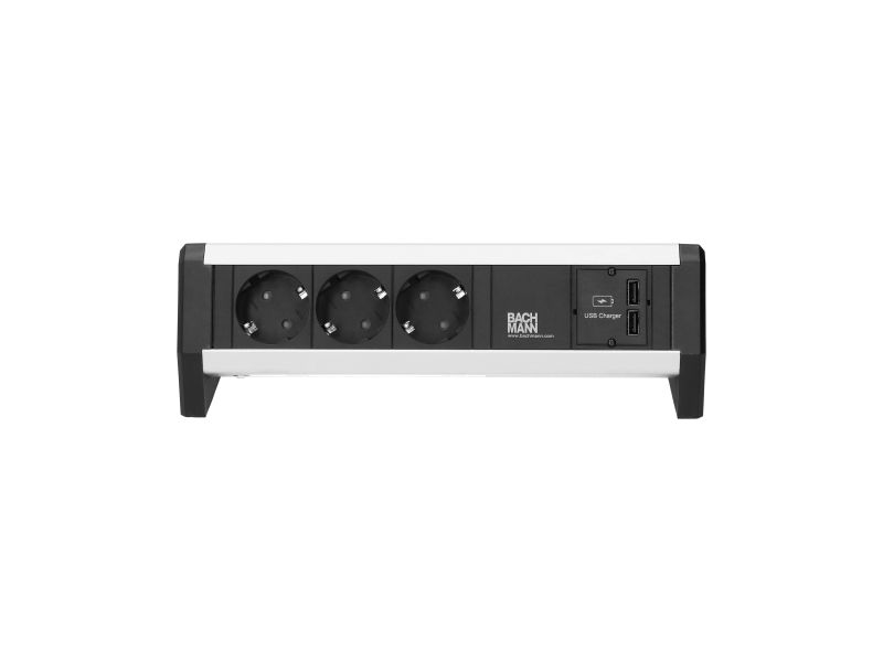 Desk 1 - 3x 230V RA + 2x USB chrgr (mod.) - GST in/uit - incl. klem - zwart/alu