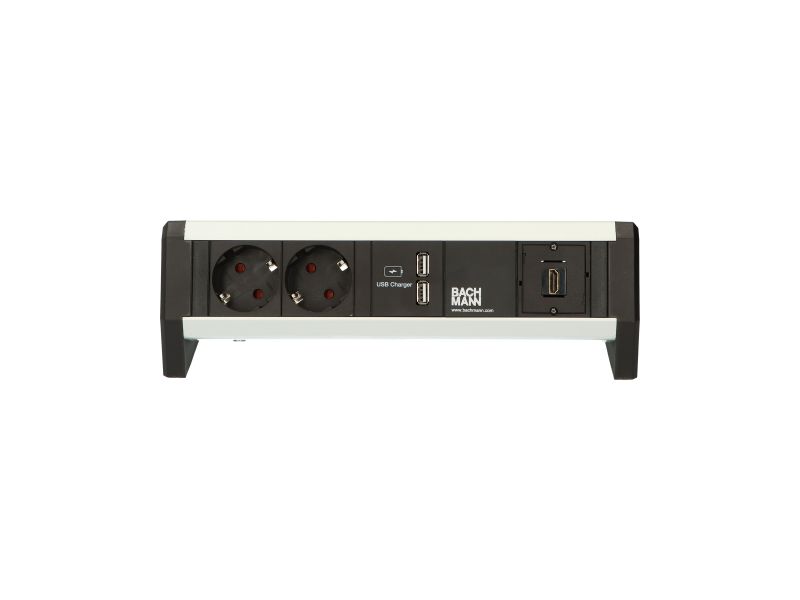 Desk 1 - 2x 230V RA + 2x USB chrgr + 1x HDMI b/b - GST in/uit - incl. klem - zwart/alu