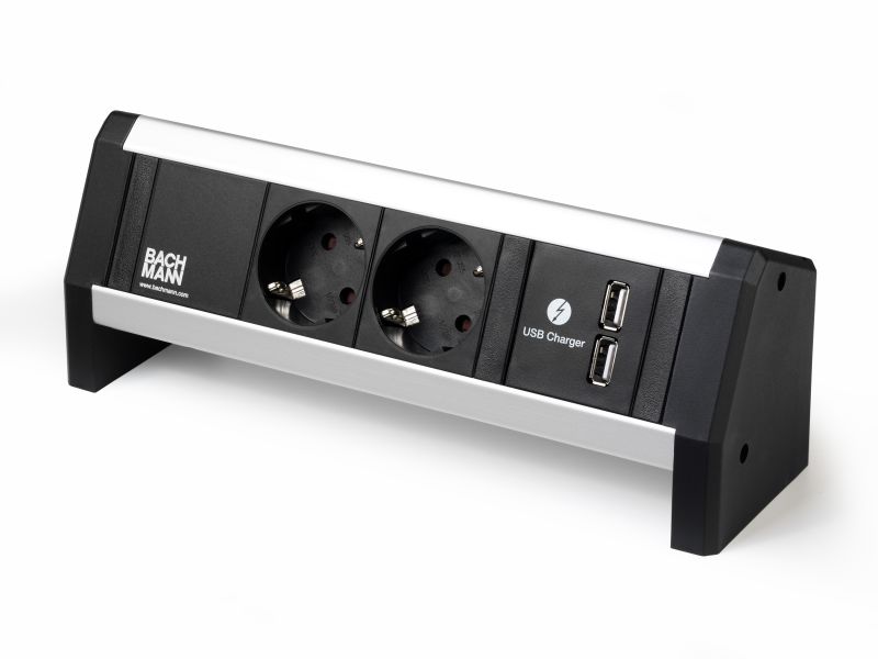 Desk 1 - 2x 230V RA + 2x USB chrgr - 1 m GST - incl. klem - zwart/alu