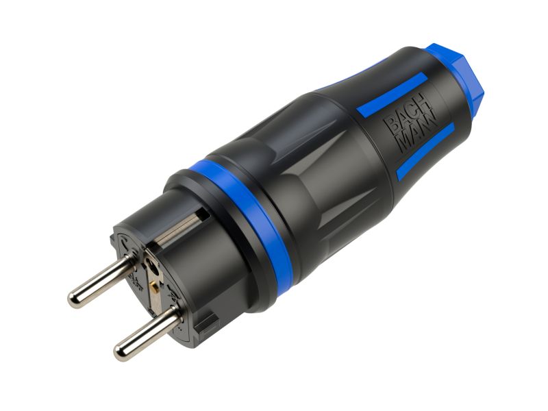 Stekker - hybride (CEE7/7) - recht - geaard - met afdekklep - massief rubber - zwart/blauw
